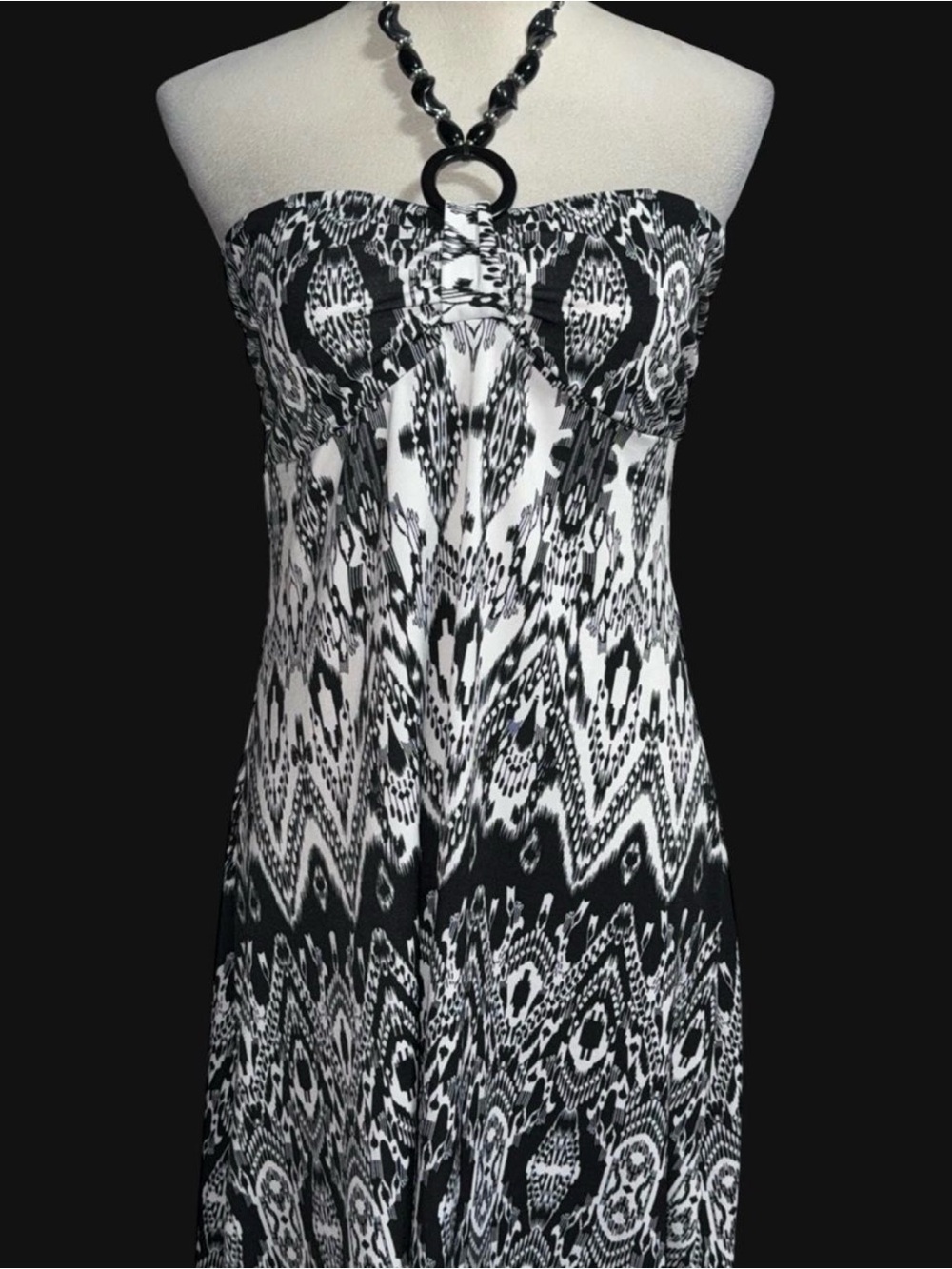 BONGO Strapless Maxi Dress in Black & White Ikat Print